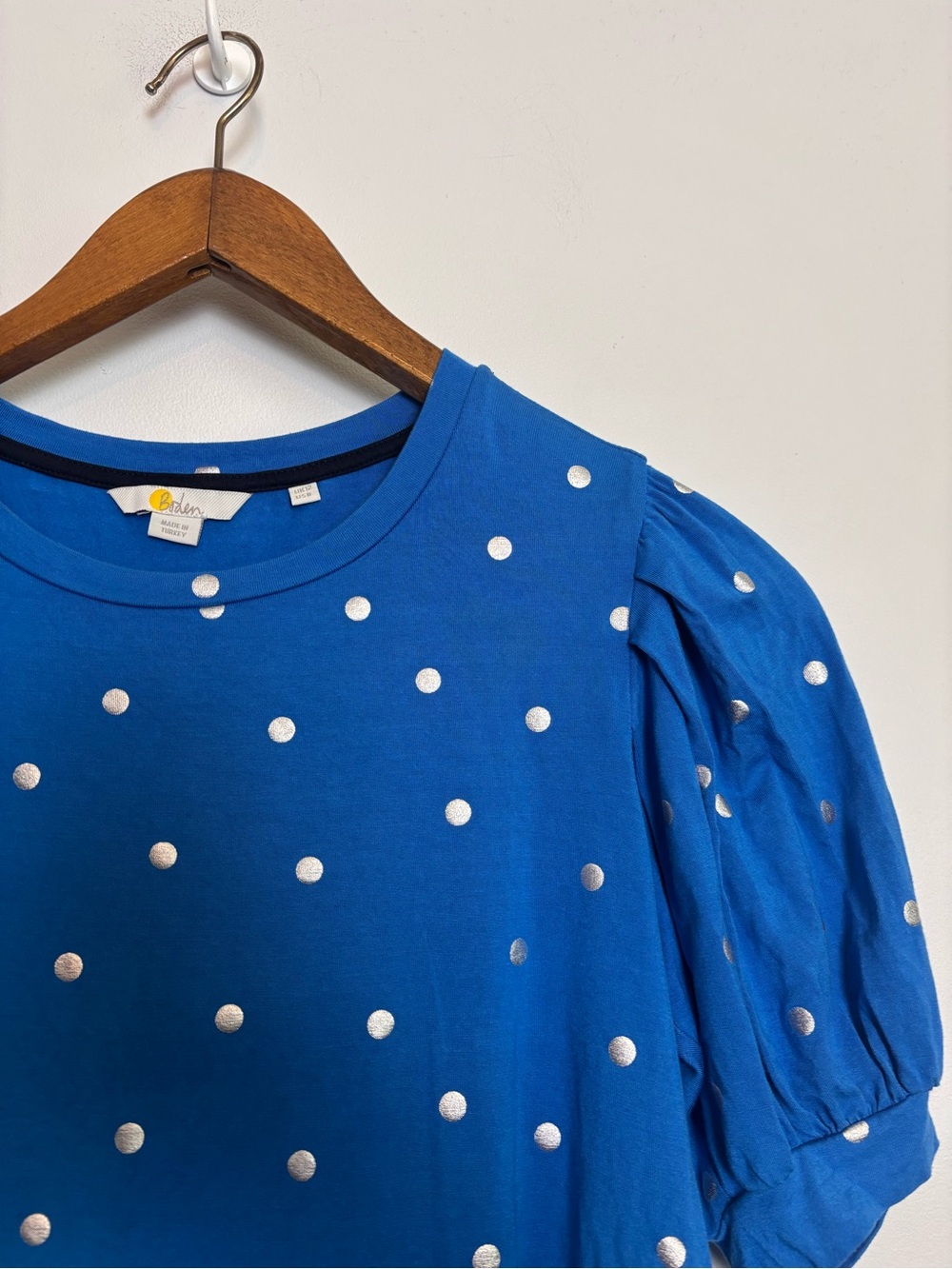 Boden Blue Silver Polka Dot Holly Puff Sleeve Jersey Short Sleeve Top - Picture 6 of 6